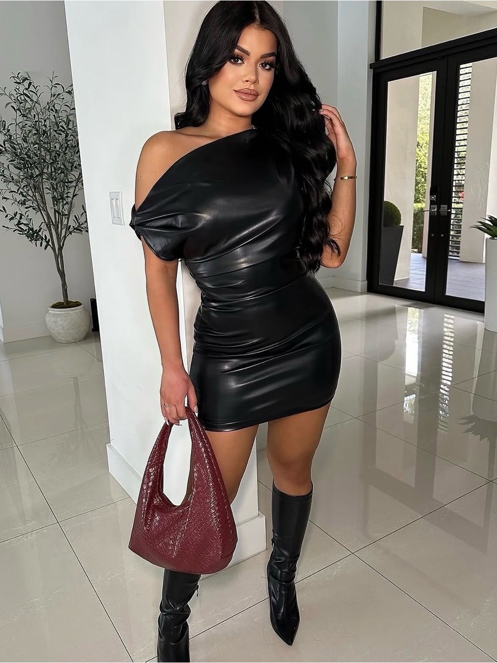 Black One-Shoulder Faux Leather Mini Dress